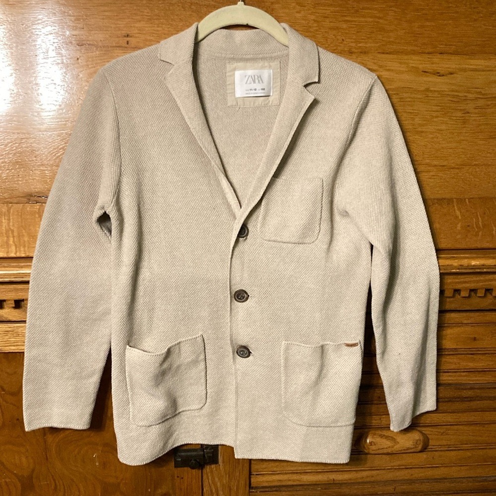 Zara Boys Beige Textured Knit Blazer Jacket Size 11-12 Oatmeal Cotton Blend